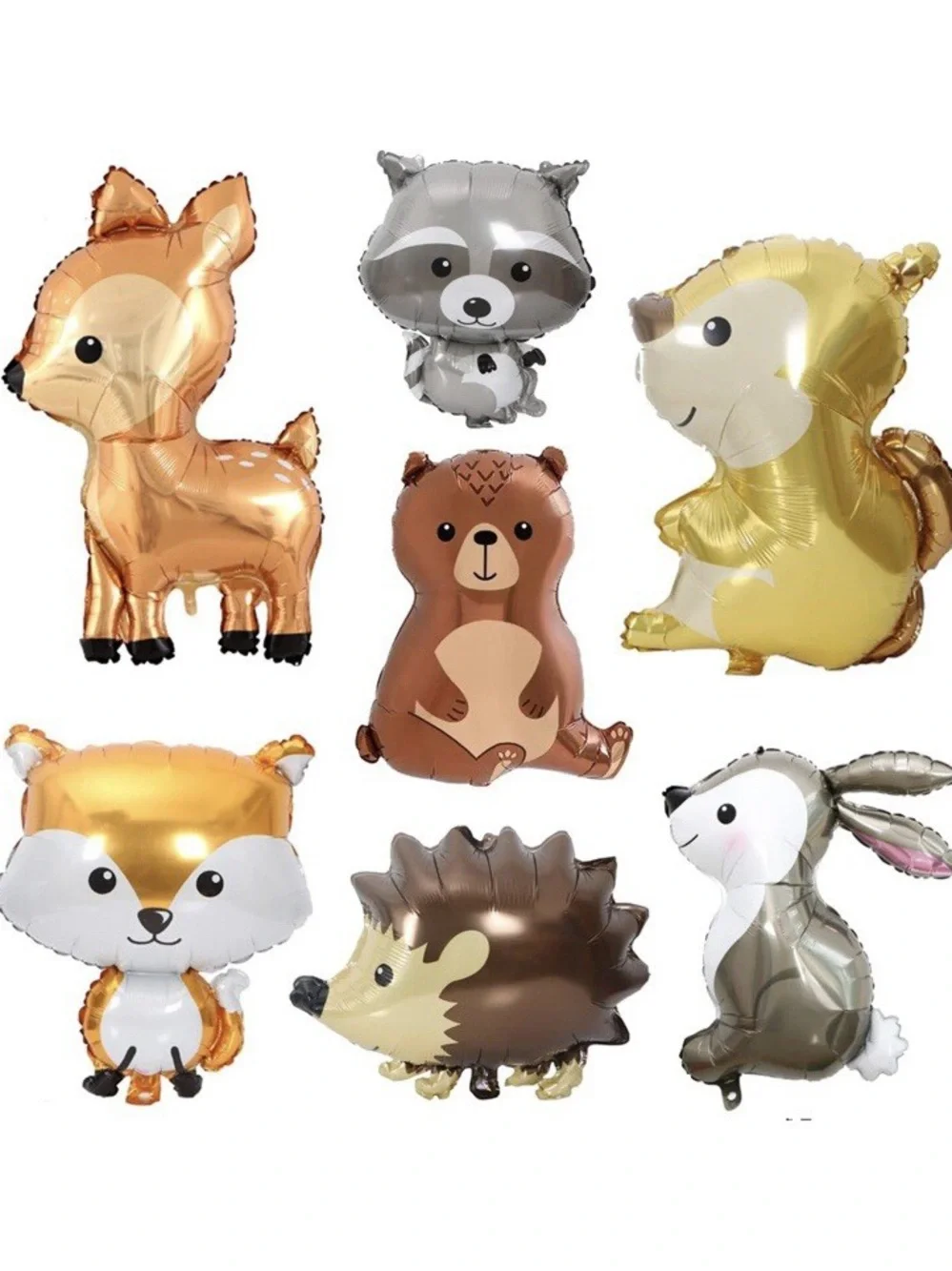 7 Piece Assorted Woodland Animals Foil Balloons - Gold, Brown, Silver